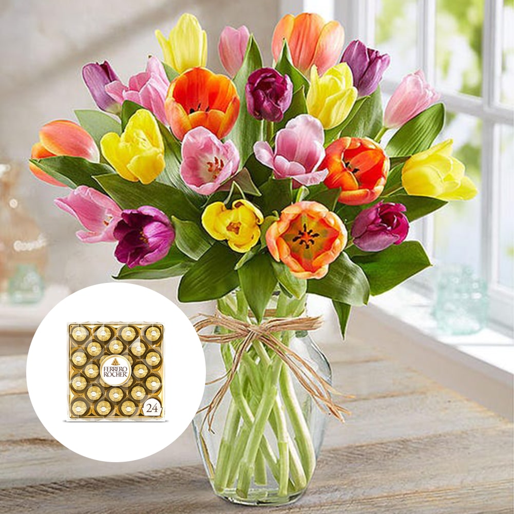 Primavera con Tulipanes: Arreglo Con 20 Tulipanes Colores + Jarrón Transparente, Decoración Hogar. Spring with Tulips: Arrangement With 10, 15 or 20 Colored Tulips + Transparent Vase, Home Decoration. Fresh Flowers Orlando, Florist