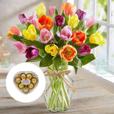 Primavera con Tulipanes: Arreglo Con 20 Tulipanes Colores + Jarrón Transparente, Decoración Hogar. Spring with Tulips: Arrangement With 10, 15 or 20 Colored Tulips + Transparent Vase, Home Decoration. Fresh Flowers Orlando, Florist
