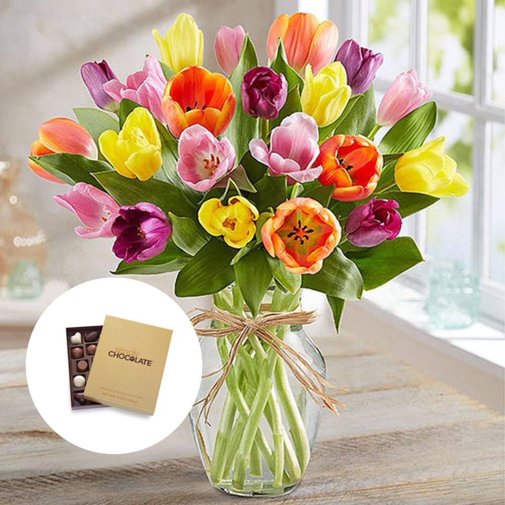 Primavera con Tulipanes: Arreglo Con 20 Tulipanes Colores + Jarrón Transparente, Decoración Hogar. Spring with Tulips: Arrangement With 10, 15 or 20 Colored Tulips + Transparent Vase, Home Decoration. Fresh Flowers Orlando, Florist