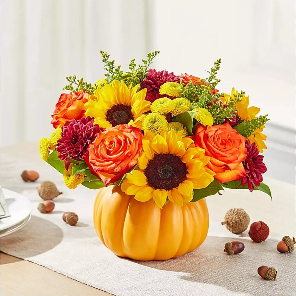 Ramo Pumpkin Spice con rosas rosadas
