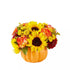 Sunflowers and carnations in an orange vase