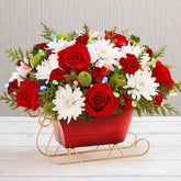 Trineo De Nieve, Arreglo de Flores Navideño Para El Hogar, Rosas Rojas, Claveles, Pompones, Vegetación Navideña, Entregamos Sus Flores en Orlando FL, Florista, Floristería. Fresh Flowers Orlando