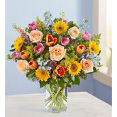 Primavera: Rosas, Tulipanes, Girasoles, Spring: Roses, Tulips, Sunflowers, Floral Arrangement In Transparent Vase, Anniversary Flowers, Home Deco. Primavera: Rosas, Tulipanes, Girasoles, Arreglo Floral En Jarrón Transparente, Flores Aniversario, Decoración Hogar. Fresh Flowers Orlando, Florist Awesome