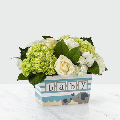 Baby Boy Bouquet, Welcome their baby boy with a bouquet that says “Hello, little man!” This arrangement features a stunning combination of roses, hydrangea and carnations to help the growing family celebrate their new adventure. Fresh Flowers Orlando.