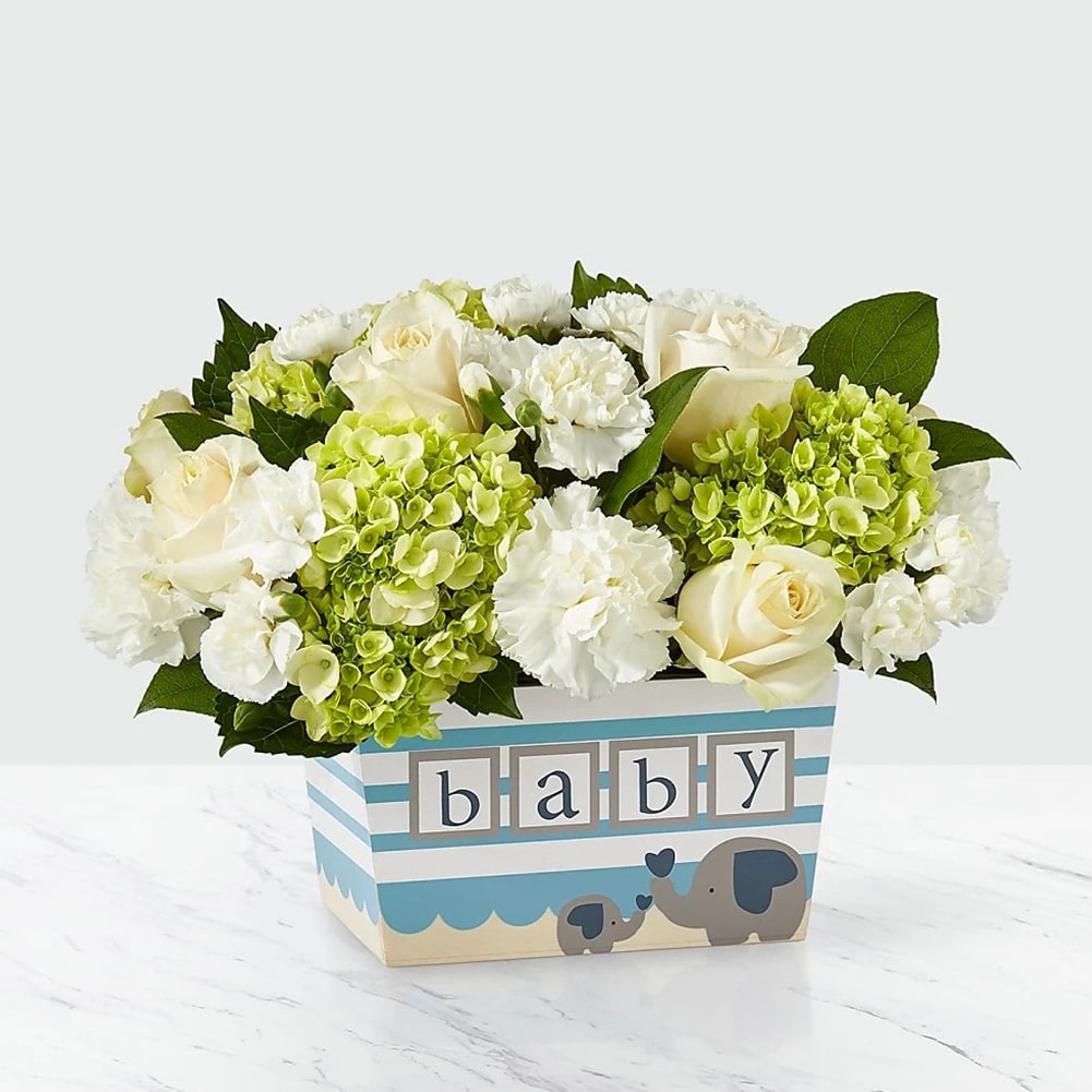 Baby Boy Bouquet, Welcome their baby boy with a bouquet that says “Hello, little man!” This arrangement features a stunning combination of roses, hydrangea and carnations to help the growing family celebrate their new adventure. Fresh Flowers Orlando.