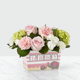 Baby Girl Bouquet, flowers for all occasions and decoration, Charming shades of pink and green are artfully composed through a mix of roses, carnations and hydrangea blooms.