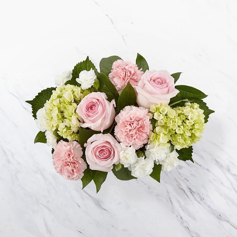 Baby Girl Bouquet, flowers for all occasions and decoration, Charming shades of pink and green are artfully composed through a mix of roses, carnations and hydrangea blooms.