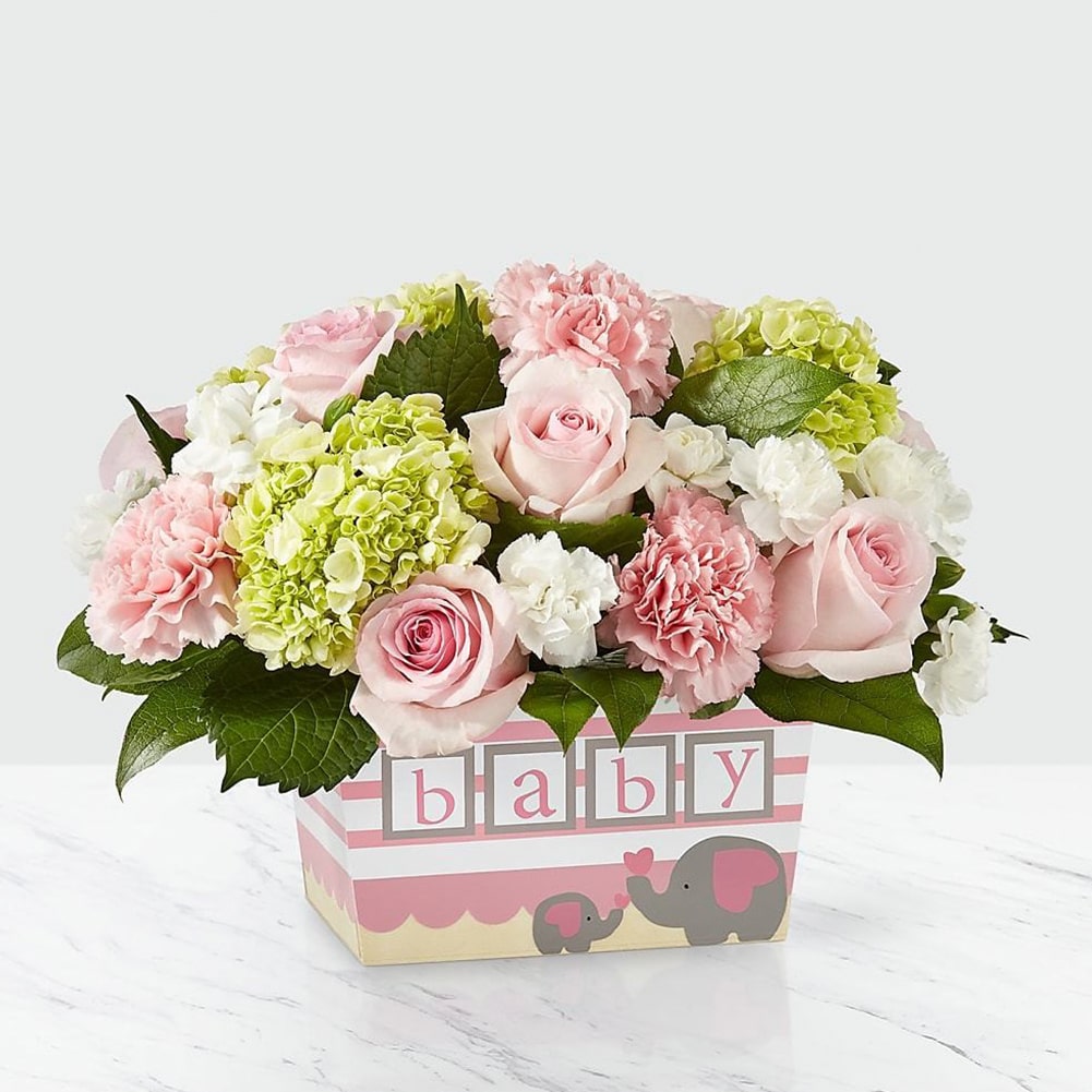 Baby Girl Bouquet, flowers for all occasions and decoration, Charming shades of pink and green are artfully composed through a mix of roses, carnations and hydrangea blooms.