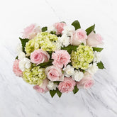 Baby Girl Bouquet, flowers for all occasions and decoration, Charming shades of pink and green are artfully composed through a mix of roses, carnations and hydrangea blooms.