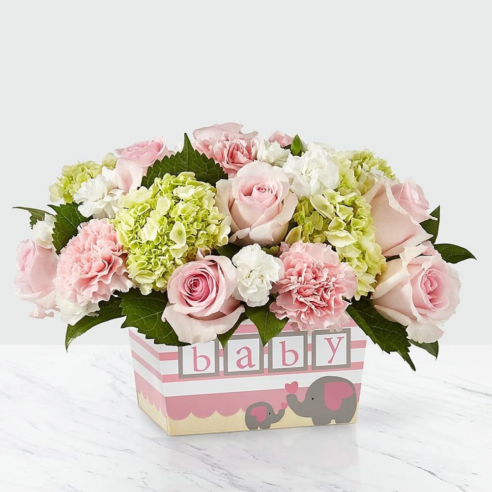 Baby Girl Bouquet, flowers for all occasions and decoration, Charming shades of pink and green are artfully composed through a mix of roses, carnations and hydrangea blooms.