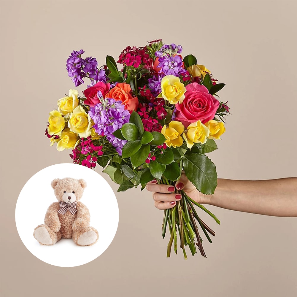 Bouquet of Love in Spring + Teddy Bear, Home decoration with roses and carnations, it is a beautiful gift for anniversary, flower gift for birthday, flowers for all occasions and decoration, Fresh Flowers Orlando.