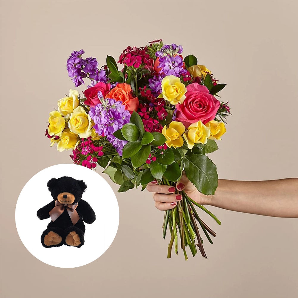 Bouquet of Love in Spring + Small Black Bear, Home decoration with roses and carnations, it is a beautiful gift for anniversary, flower gift for birthday, flowers for all occasions and decoration, Fresh Flowers Orlando.