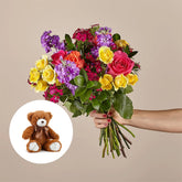 Bouquet of Love in Spring + Small Honey Bear, Home decoration with roses and carnations, it is a beautiful gift for anniversary, flower gift for birthday, flowers for all occasions and decoration, Fresh Flowers Orlando.