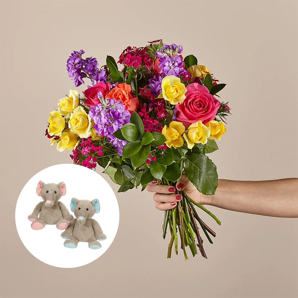 Bouquet of Love in Spring + Teddy Elephant Medium Assorted, Home decoration with roses and carnations, it is a beautiful gift for anniversary, flower gift for birthday, flowers for all occasions and decoration, Fresh Flowers Orlando.