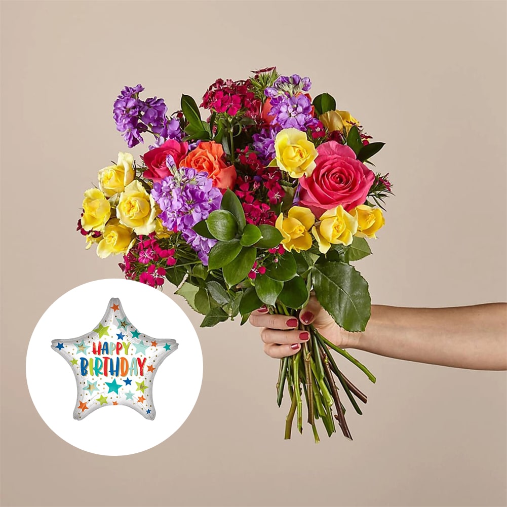 Bouquet of Love in Spring + Happy Birthday Stars &amp; Dots Assorted, Home decoration with roses and carnations, it is a beautiful gift for anniversary, flower gift for birthday, flowers for all occasions and decoration, Fresh Flowers Orlando.