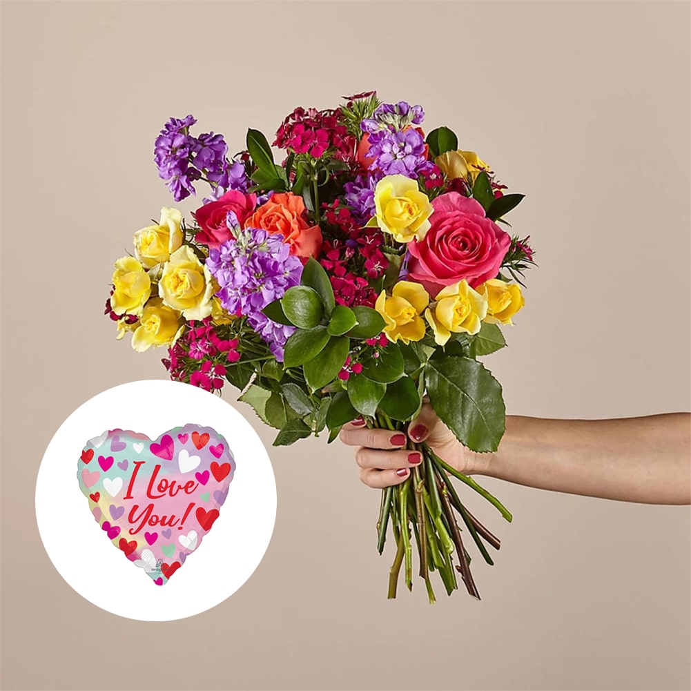 Bouquet of Love in Spring + Heart Shaped Balloon, Home decoration with roses and carnations, it is a beautiful gift for anniversary, flower gift for birthday, flowers for all occasions and decoration, Fresh Flowers Orlando.