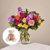 Bouquet of Love in Spring + Teddy Bear, Home decoration with roses and carnations, it is a beautiful gift for anniversary, flower gift for birthday, flowers for all occasions and decoration, Fresh Flowers Orlando.