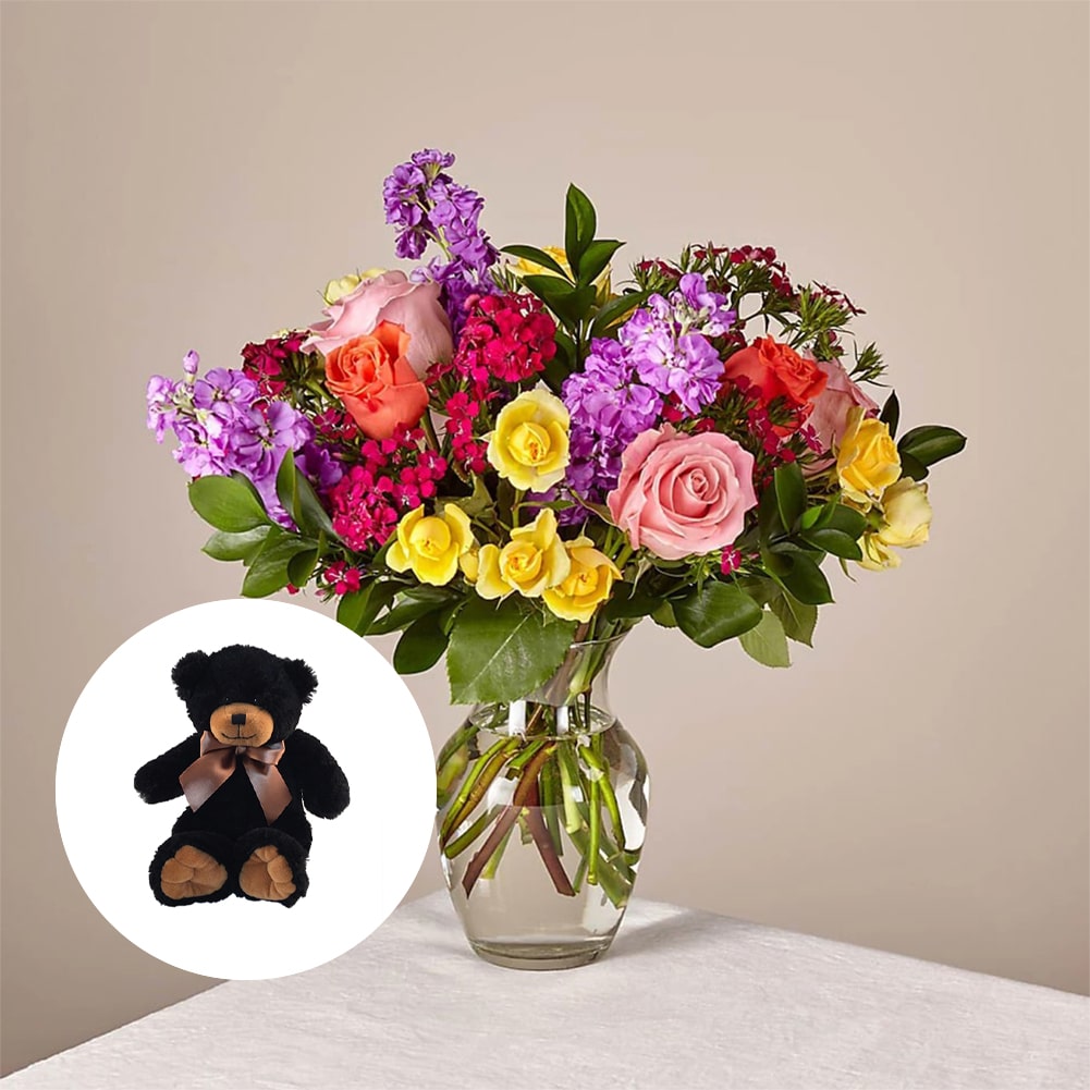 Bouquet of Love in Spring + Small Black Bear, Home decoration with roses and carnations, it is a beautiful gift for anniversary, flower gift for birthday, flowers for all occasions and decoration, Fresh Flowers Orlando.