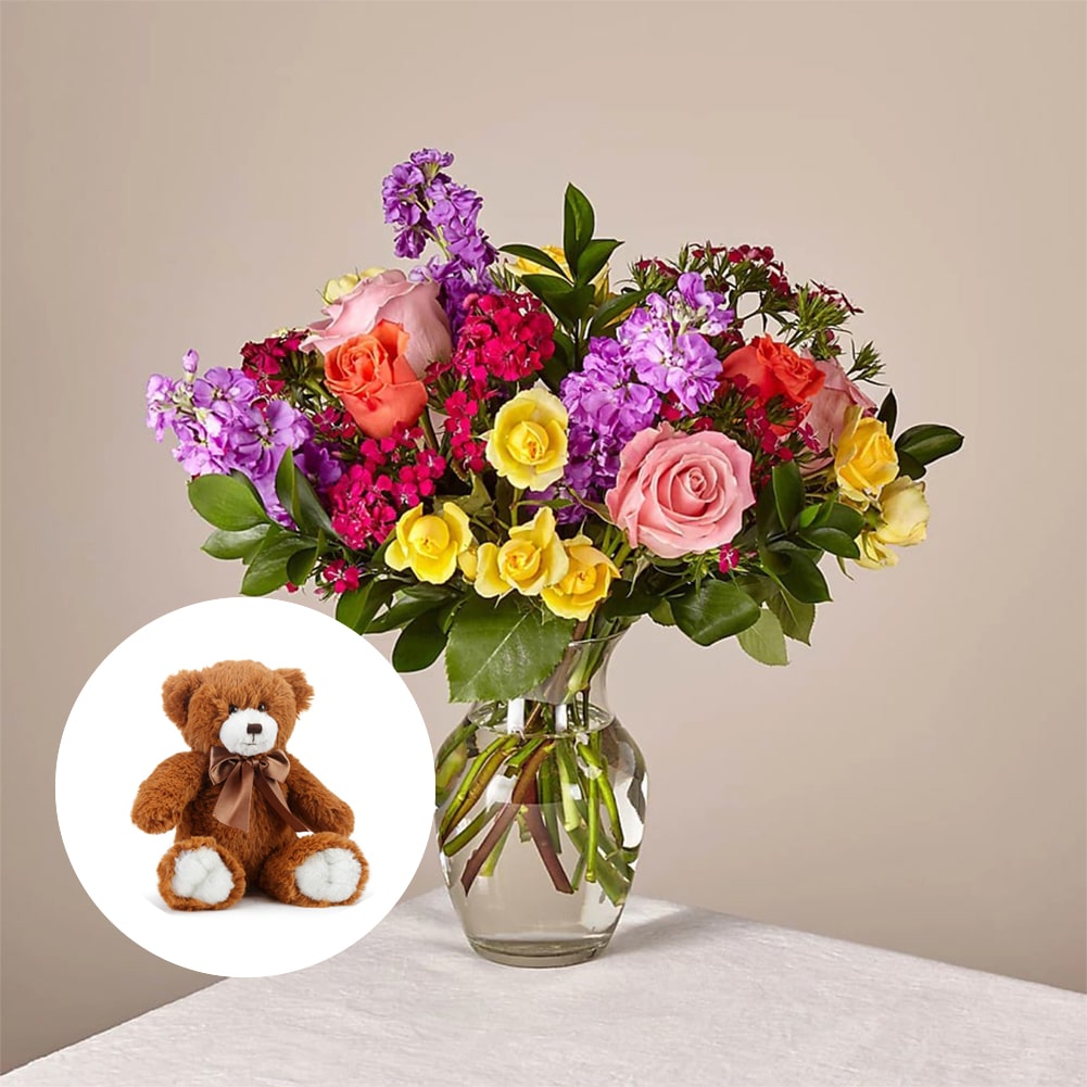 Bouquet of Love in Spring + Small Honey Bear, Home decoration with roses and carnations, it is a beautiful gift for anniversary, flower gift for birthday, flowers for all occasions and decoration, Fresh Flowers Orlando.