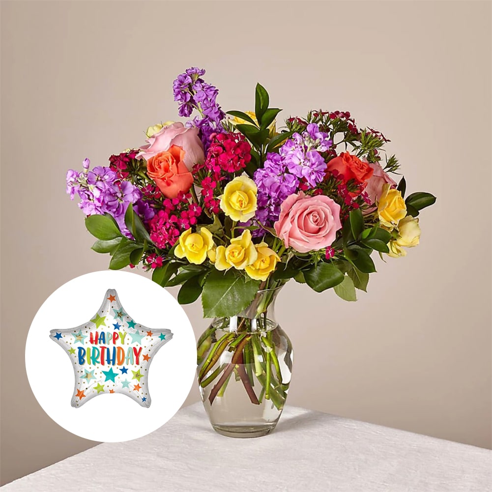 Bouquet of Love in Spring + Happy Birthday Stars &amp; Dots Assorted, Home decoration with roses and carnations, it is a beautiful gift for anniversary, flower gift for birthday, flowers for all occasions and decoration, Fresh Flowers Orlando.
