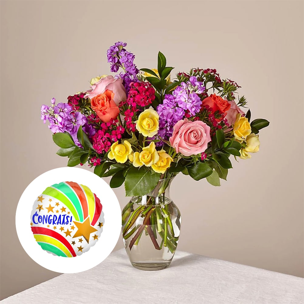 Bouquet of Love in Spring + Congrats Shooting Star, Home decoration with roses and carnations, it is a beautiful gift for anniversary, flower gift for birthday, flowers for all occasions and decoration, Fresh Flowers Orlando.