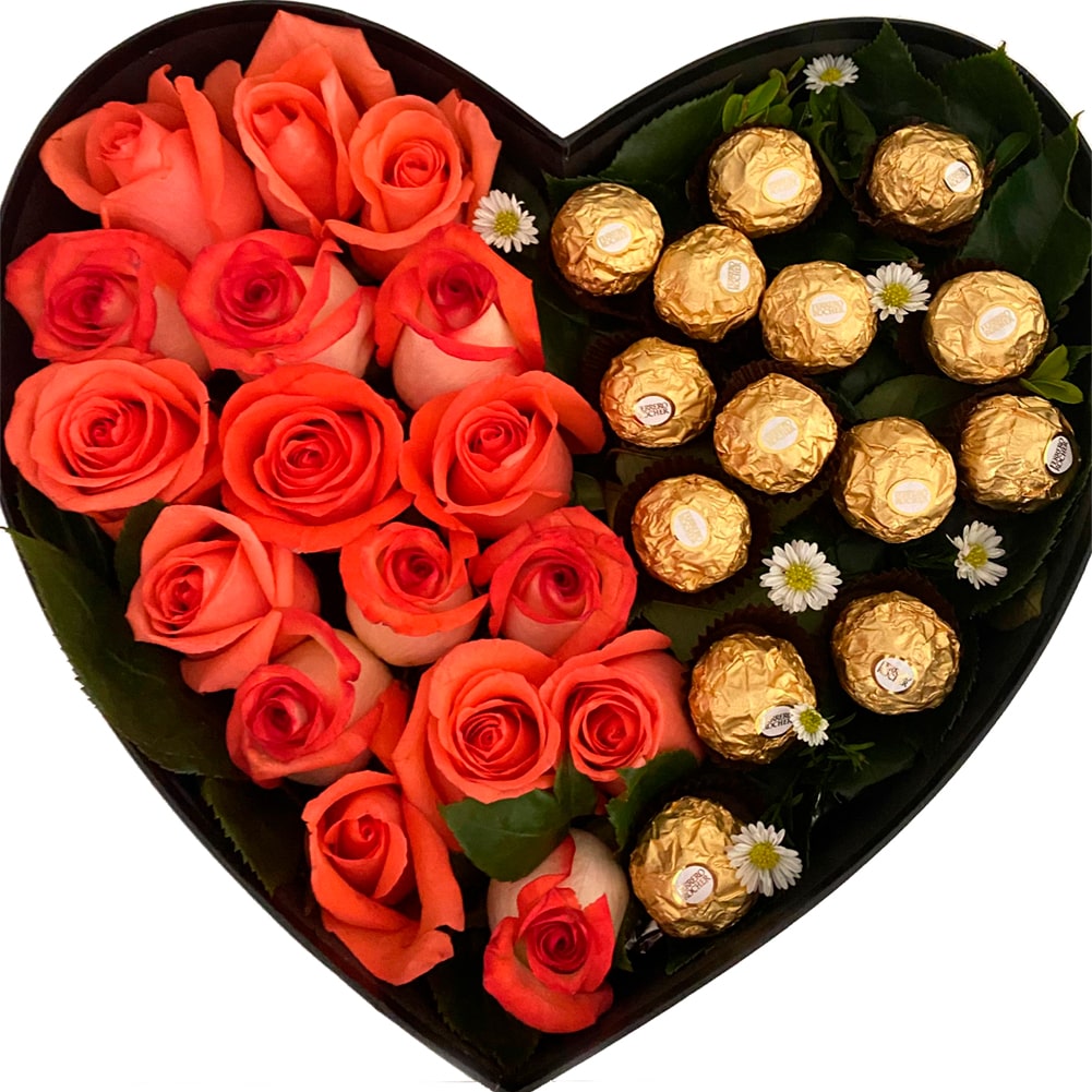 Corazon de Rosas Rojas y Ferrero Rocher - Regalo Ideal para San Valentin -  25 Bombones Ferrero Rocher - 24 Rosas Artificiales. Corazon de Chocolate de  30 cms. Ferrero Rocher - Kinder