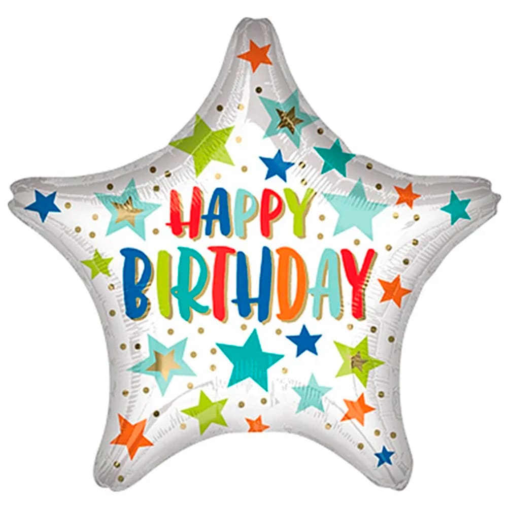 Happy Birthday Stars &amp; Dots Assorted. Globo En Forma De Estrella, Mensaje Happy Birthday. Encuentralo Disponible En Fresh Flowers Orlando. Measurements: 18"