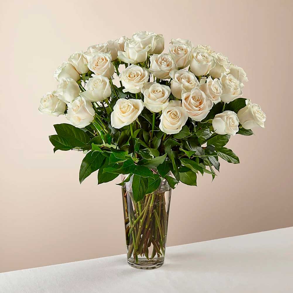 Long Stem White Rose Bouquet. With a gorgeous selection of crisp white roses among fresh greenery, this bouquet is perfect for birthdays, anniversaries, or as a way to say, &quot;I&