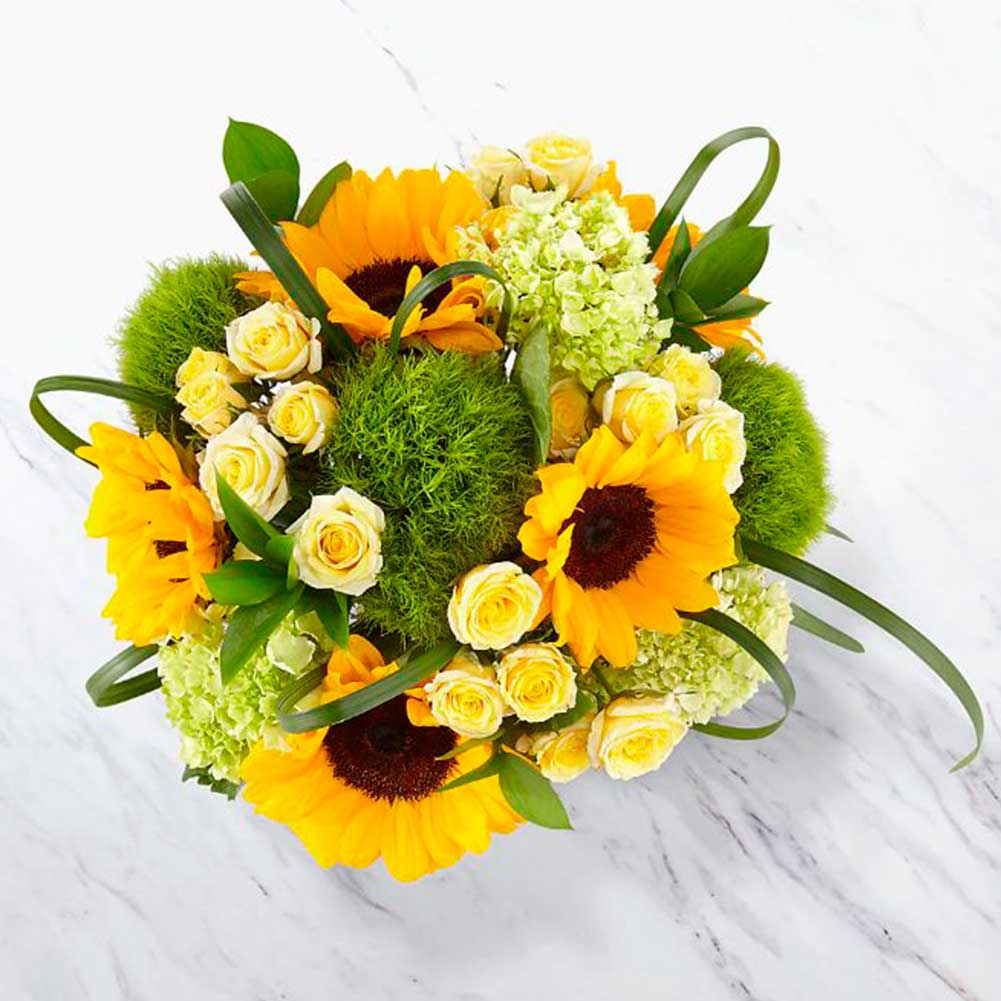 Paraíso Orange, tamaño mediano, a medida que cambia el clima, el otoño se está presentando, este arreglo está diseñado con girasoles, hortensias y rosas, nuestro jarrón transparente es un hermoso regalo para cumpleaños, simpatía o simplemente porque es una buena ocasión Fresh Flowers Orlando