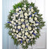 Pedestal Funeral Azul y Blanco, Size Extra Large, Fresh Flowers Orlando. Standing spray arrangement with white roses, Asiatic lilies, football mums, carnations and monte casino; blue delphinium; accented with soft, lush greenery. Arreglo de ramo en pedestal con rosas blancas, lirios asiáticos, crisantemos, claveles y monte casino; espuela de caballero azul; acentuado con vegetación suave y exuberante.