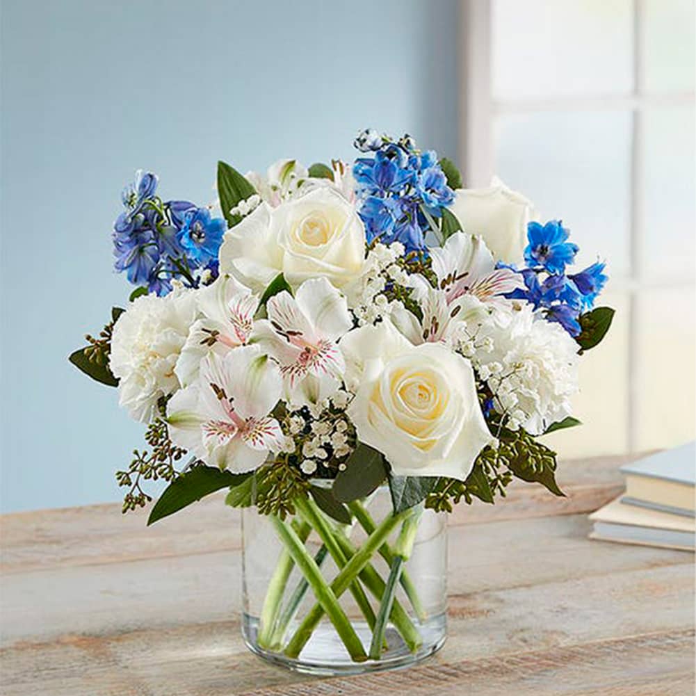 Sympathy Sentimientos Azul y Blanco, Size Small, Fresh Flowers Orlando. All-around arrangement with white roses, carnations, and Peruvian lilies (alstroemeria); blue delphinium; baby’s breath; seeded eucalyptus, and assorted greenery Peruvian lilies may arrive in bud form and will open to full beauty in 2-3 days. Arreglo completo con rosas blancas, claveles y lirios peruanos (alstroemeria); espuela de caballero azul; la respiración del bebé; eucalipto sin semillas y vegetación variada.