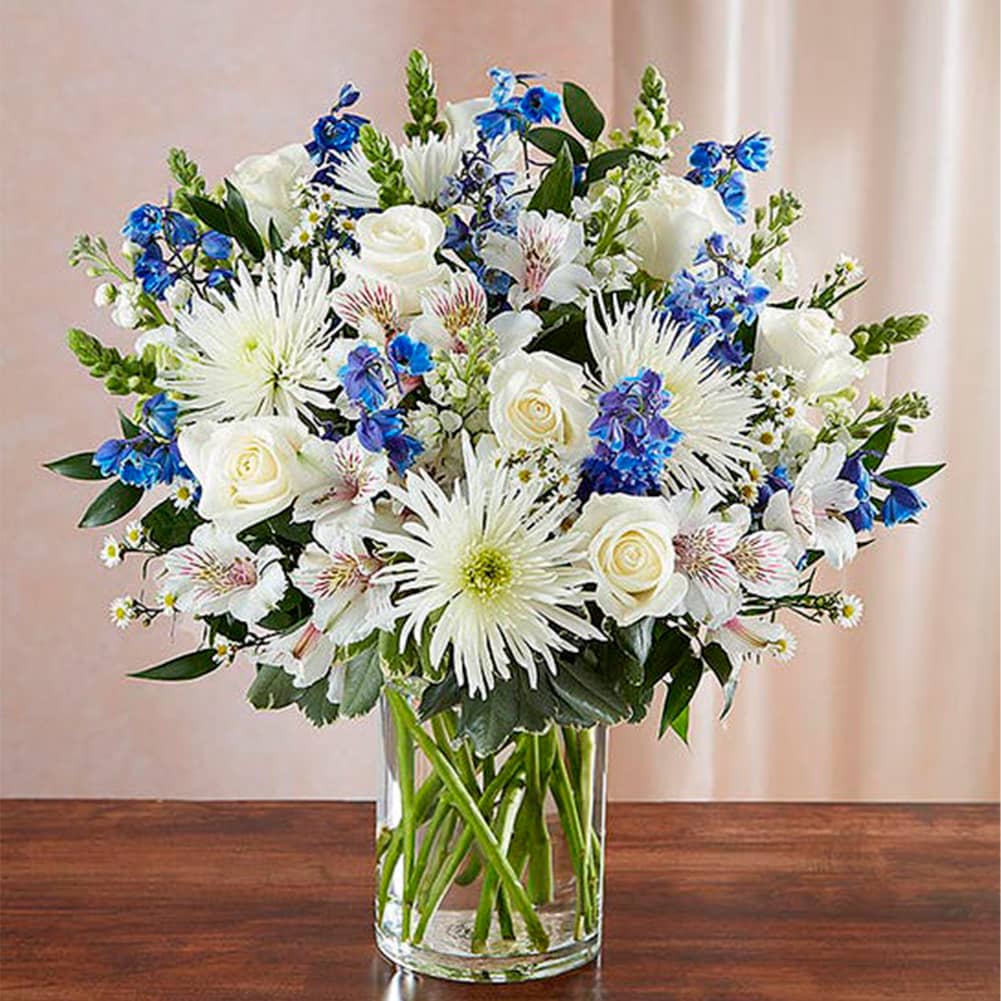 Sympathy Sincero Azul y Blanco, Size Medium, Fresh Flowers Orlando. Our bountiful, heavenly blue and white bouquet features a soothing mix of blue delphinium, alstroemeria, and white roses, hand-designed inside a classic clear glass vase. When sent to a service or to the home of family or friends, it makes a genuinely heartwarming gesture. Nuestro ramo de flores en azul y blanco presenta una relajante mezcla de blue delphinium, alstroemeria y rosas blancas.